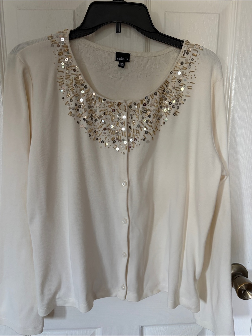 Rafaella Cream Button-Front Top with Sequin Neckline